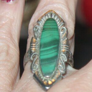 Bell Trading Post 925 Sterling Southwestern Malachite Cabochon Long Ring 10.1g